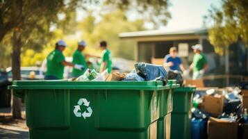 ai généré une groupe de gens dans vert chemises permanent autour une vert recyclage poubelle, promouvoir environnement conscience. génératif ai photo