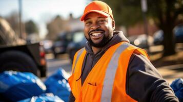 ai généré une homme dans un Orange gilet et chapeau, souriant tandis que collecte poubelle . génératif ai photo