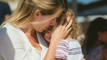 ai généré une réconfortant image de une femme et enfant embrassement chaque autre fermement, exprimer l'amour et affection. génératif ai photo