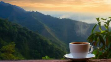 ai généré café tasse sur en bois table avec Montagne voir. génératif ai photo