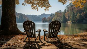 ai généré Lac chaise dans l'automne. génératif ai photo