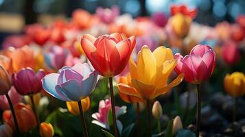ai généré coloré tulipes dans une jardin, épanouissement avec vibrant teintes de rouge, jaune, et violet, création une pittoresque scène de Naturel beauté. génératif ai photo