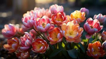 ai généré une bouquet de vibrant rose et Orange tulipes. génératif ai photo