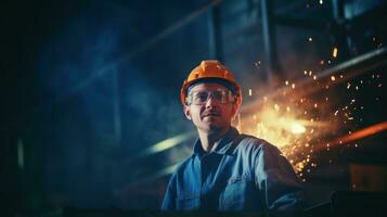 ai généré une homme dans une difficile chapeau et des lunettes est travail sur une machine dans une fabrique. génératif ai photo