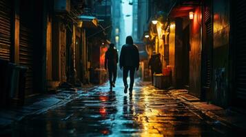 ai généré gens en marchant sur une pluvieux rue à nuit. génératif ai photo
