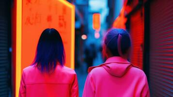 ai généré deux femmes en marchant sur une foncé rue illuminé par néon lumières. génératif ai photo