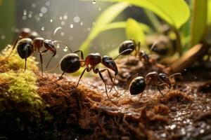 ai généré faune détail sauvage insecte rouge faune noir travail en équipe la nature feuille équipe travail ravageur animaux photo