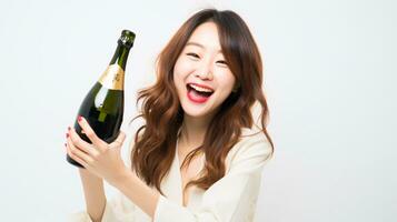 ai généré content femme célébrer Nouveau année avec une bouteille de Champagne dans main photo