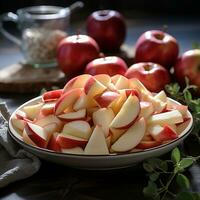 ai généré tranches de pommes dans blanc bol contre une flou photo