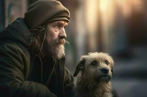 ai généré mendiant rue homme avec le sien animal de compagnie chien. produire ai photo