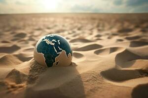 ai généré petit globe Terre dans infini désert sable. produire ai photo