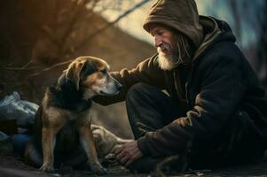 ai généré sans abri homme avec sans abri chien. produire ai photo