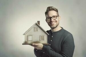 ai généré ravi homme en portant une petit maison. produire ai photo