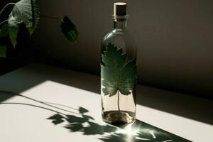 ai généré bouteille avec feuille décoration dans lumière du soleil. produire ai photo