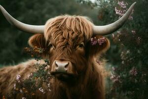 ai généré marron duveteux vache avec branches fleur. produire ai photo