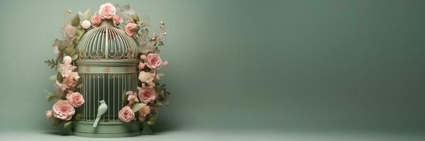 ai généré ancien laiton inséparable cage orné avec floral vignes et Souligné par doux rose des roses et sauge verdure valentines journée inspiré afficher maquette photo