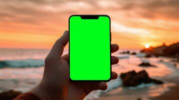 ai généré sur le plage, une subjectif vue de le cellule téléphone avec écran vert à échange le contenu de le écran., génératif ai photo