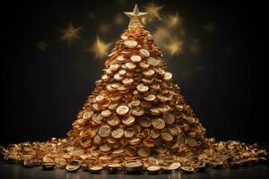 ai généré d'or brillant Noël arbre avec pièces de monnaie. haute qualité photo