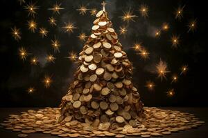 ai généré d'or brillant Noël arbre avec pièces de monnaie. haute qualité photo