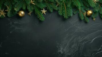 ai généré Noël décoration avec sapin branches sur une foncé schiste argileux Contexte. photo