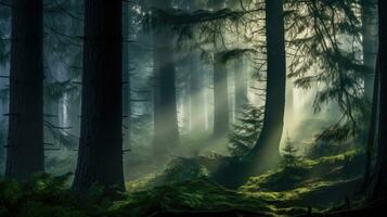 ai généré éthéré tourbillonne de brouillard tissage entre imposant pin des arbres dans une mystérieux et enchanté forêt. photo