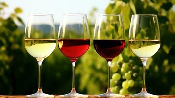 ai généré Trois du vin des lunettes rempli avec rouge, blanc et Rose du vin affichage vibrant couleurs. génératif ai photo