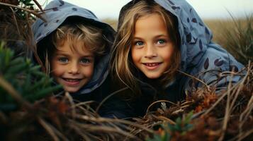 ai généré deux les enfants dans sweats à capuche sourire parmi le verdure. génératif ai photo