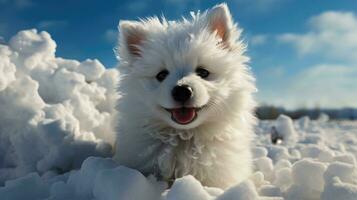 ai généré duveteux blanc chiot jouit une neigeux hiver paysage photo