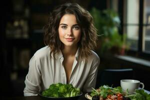 ai généré magnifique femme avec Frais des légumes promouvoir en bonne santé mode de vie les choix. photo