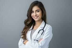 ai généré une femelle médecin dans uniforme, permanent avec plié bras et stéthoscope. photo