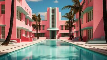 ai généré génératif ai, surréaliste Miami ville avec déco rétro bâtiments, rose et bleu couleurs, été ambiance photo