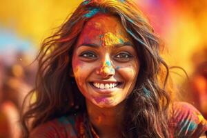 ai généré portrait de une Jeune femme à le Holi festival, exprimer joie. ai génératif. photo