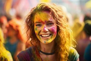 ai généré portrait de une Jeune femme à le Holi festival, exprimer joie. ai génératif. photo