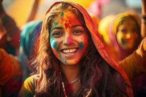 ai généré portrait de une Jeune femme à le Holi festival, exprimer joie. ai génératif. photo