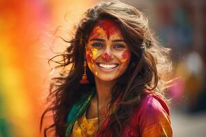 ai généré portrait de une Jeune femme à le Holi festival, exprimer joie. ai génératif. photo