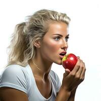 ai généré Jeune athlétique fille en mangeant un Pomme isolé photo