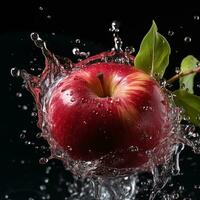 ai généré Pomme est tombée dans le l'eau avec éclaboussures noir Contexte photo