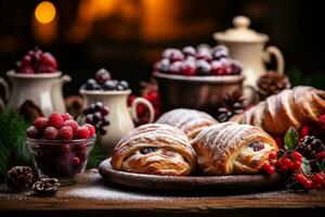 ai généré composition avec assorti des pâtisseries sur en bois tableau. nourriture Contexte. photo