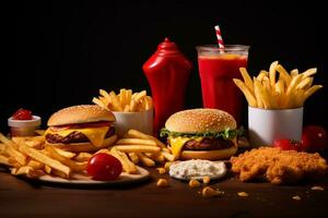 ai généré fait maison Hamburger avec Frais des légumes et français frites sur foncé Contexte photo