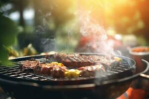 ai généré grillage steaks sur barbecue gril avec flammes fermer photo