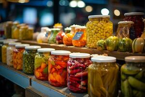 ai généré verre pots avec variété de mariné des légumes et des fruits dans le cuisine photo