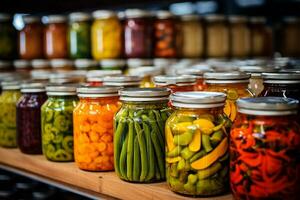 ai généré verre pots avec variété de mariné des légumes et des fruits dans le cuisine photo