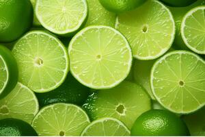 ai généré tranches de citron vert et citrons verts comme une Contexte généré avec ai photo