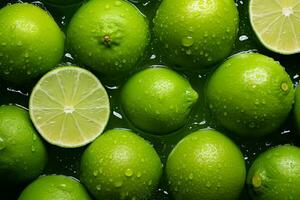 ai généré tranches de citron vert et citrons verts comme une Contexte généré avec ai photo