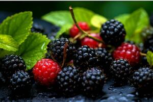 ai généré coloré mélanger de Frais baies dans boules. framboises, myrtilles, mûres, framboises généré avec ai photo