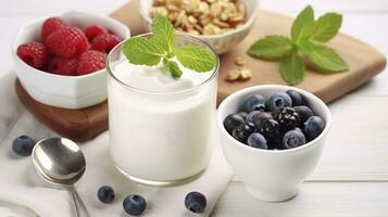 ai généré Facile élégance - Frais yaourt sur blanc tableau. probiotique laitier boisson photo