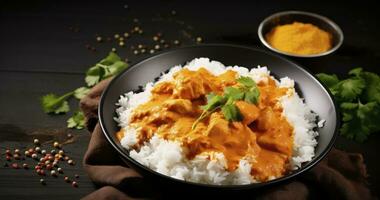 ai généré le séduisant combinaison de Indien beurre poulet curry et basmati riz. traditionnel fait maison nourriture concept photo