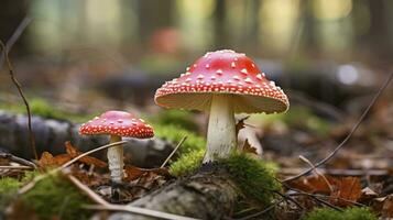 ai généré une toxique champignon dans une forêt. amanite muscaria. toxique et hallucinogène champignon mouche agaric photo