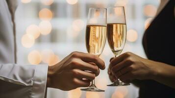 ai généré le enchanteur scène de une couple grillage avec Champagne des lunettes photo