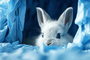 ai généré blanc lapin furtivement à quelque chose par une bleu Contexte photo